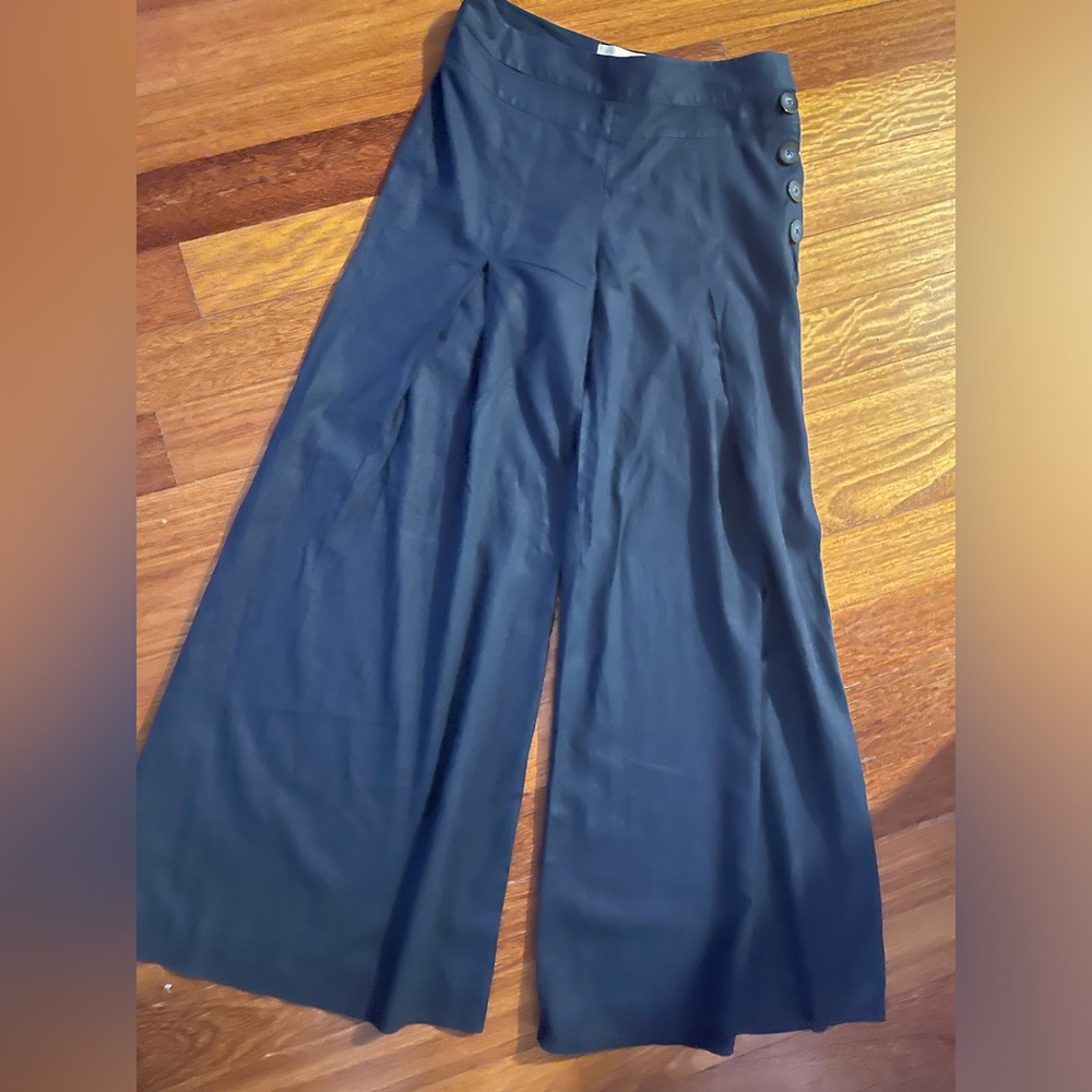 Anthropologie Elevenses High waisted Wide leg linen Pants in dark blue size 6 - Picture 10 of 11